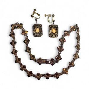 Vintage Gold Tone Necklace Screw Back Earrings Set Art Deco‎ Style